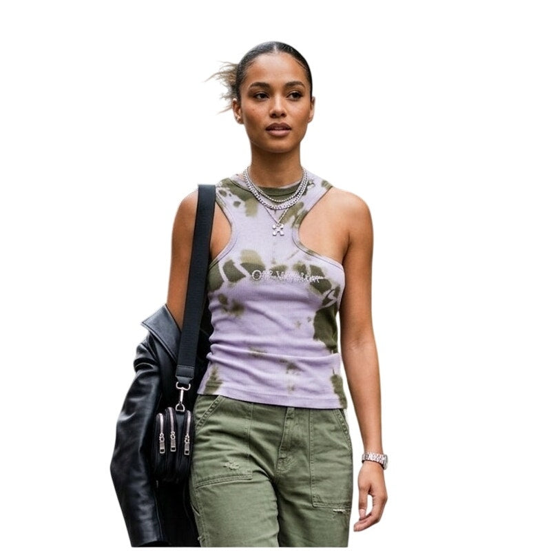 Off-White Cotton Blend Tie Dye Ribbed Racerback Tank Top