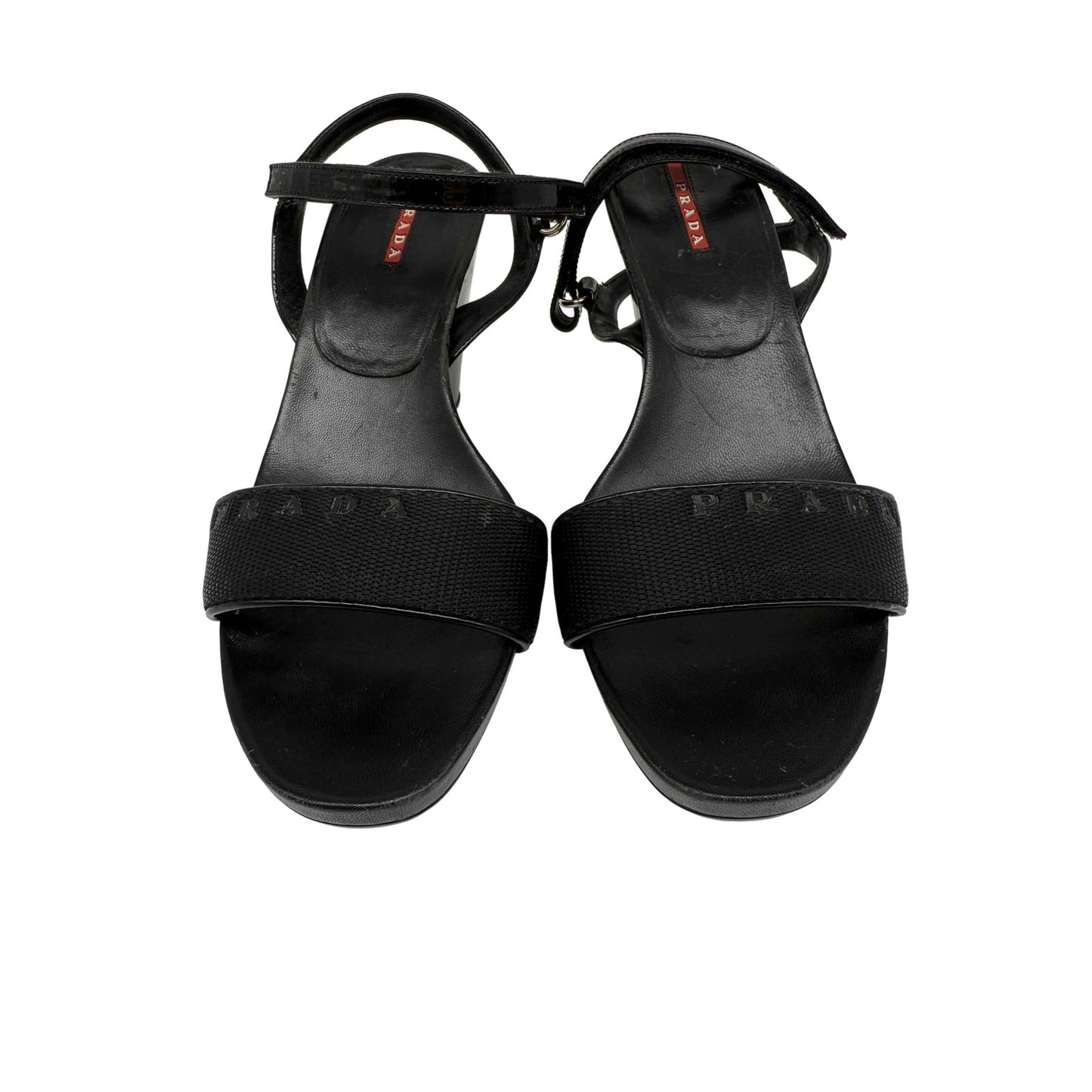 Prada Patent Leather Open Toe Ankle Strap Wedge Sandals