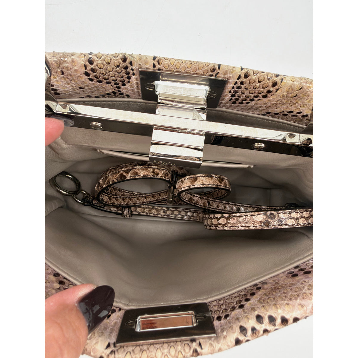 Fendi Mini Peekaboo Python Top Handle Bag Natural Beige