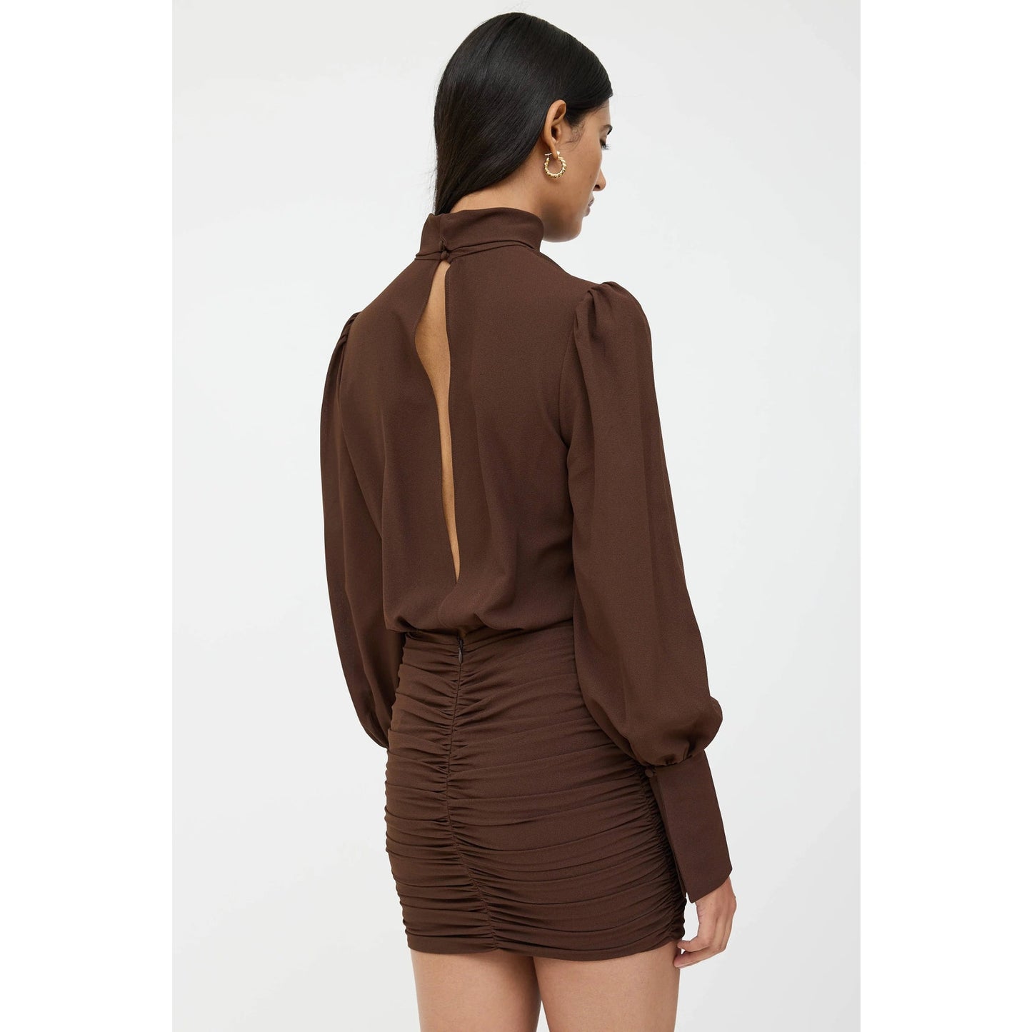 Rony Kobo Yebba Mock Neck Long Sleeve Ruched Pleated Mini Dress