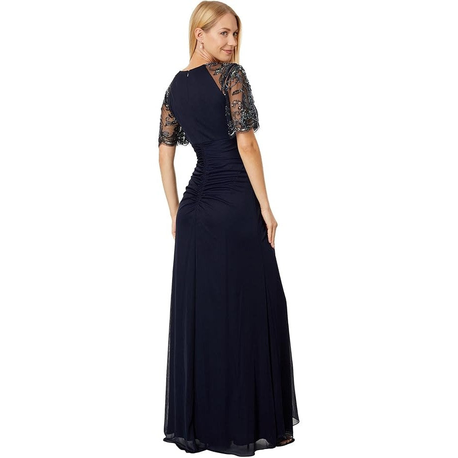 Xscape  Sheer Sequin Beaded Sleeve Ruched Jersey Maxi Dress