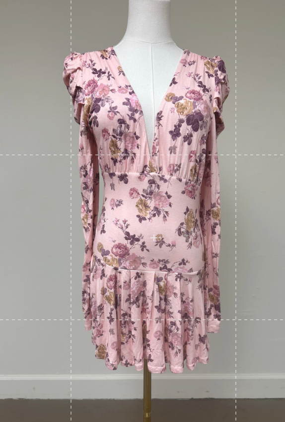 LoveShackFancy Floral Puff Shoulder Sleeves V-neck Maren Mini Dress Size S Dress Pink with floral pattern