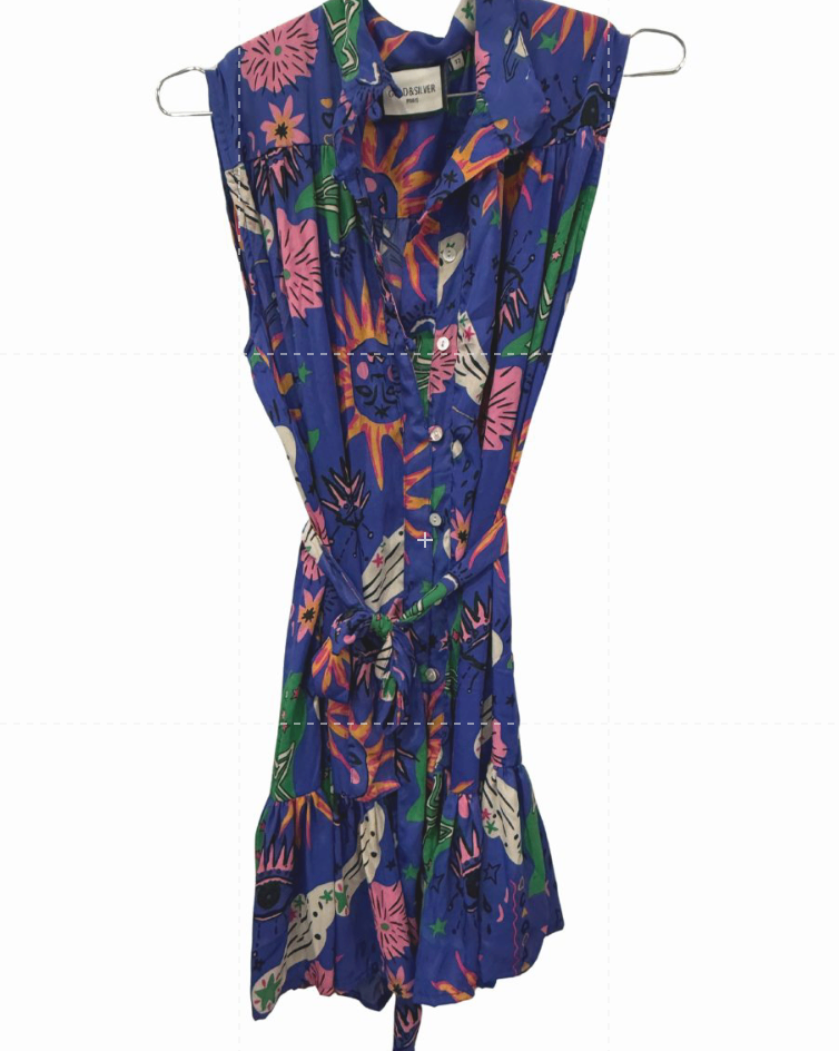 Gold & Silver Paris Sleeveless Waist Strap Mini Dress Blue Printed Size 2