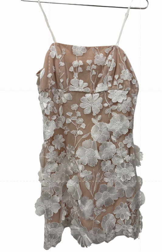 Storia Lace Layered Floral Embroidered Sleeveless Mini Dress Beige White Size S