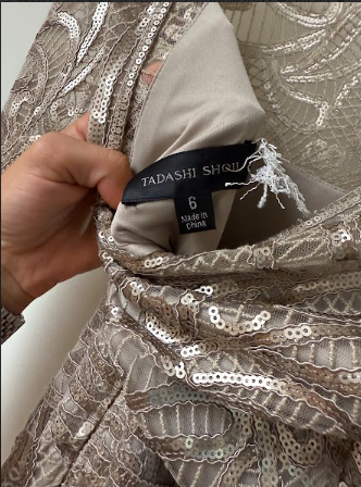 Tadashi Shoji Lace Sequin Embellished Long Sleeve Maxi Evening Dress Sand Size 6