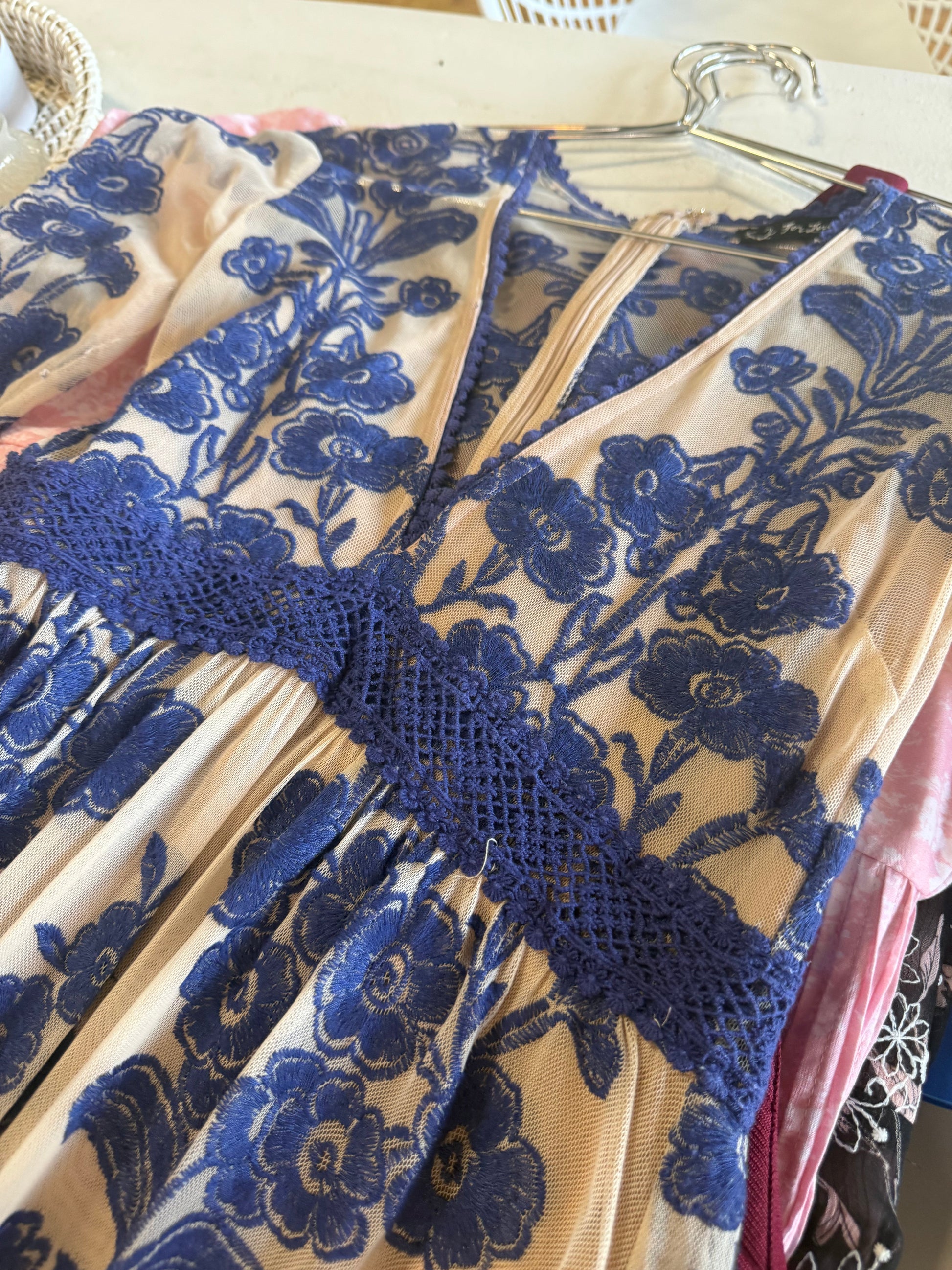 For Love And Lemons Floral Embroidered Temecila Maxi Dress Blue Beige Size M
