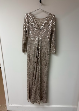 Tadashi Shoji Lace Sequin Embellished Long Sleeve Maxi Evening Dress Sand Size 6