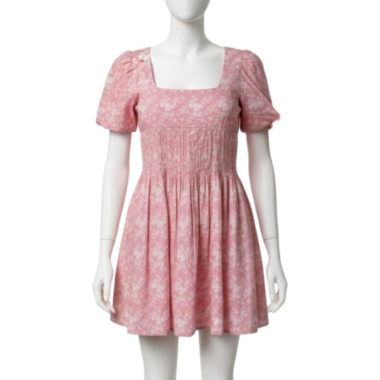 Krewe Du Q Patmos Pink Floral Print Square Neck Pleated A-Line Mini Dress Size L