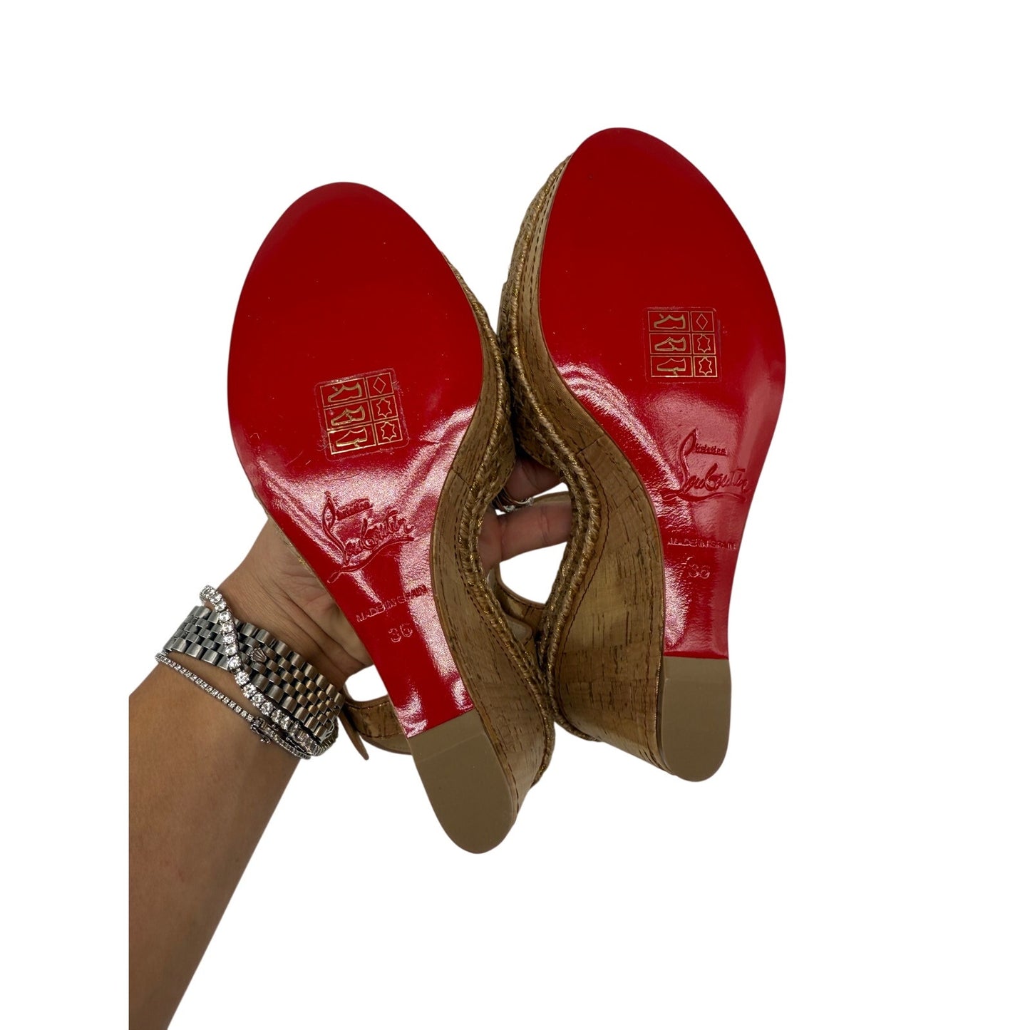 Christian Louboutin Leather Almeria 120 Espadrille Cork Wedges Sandals