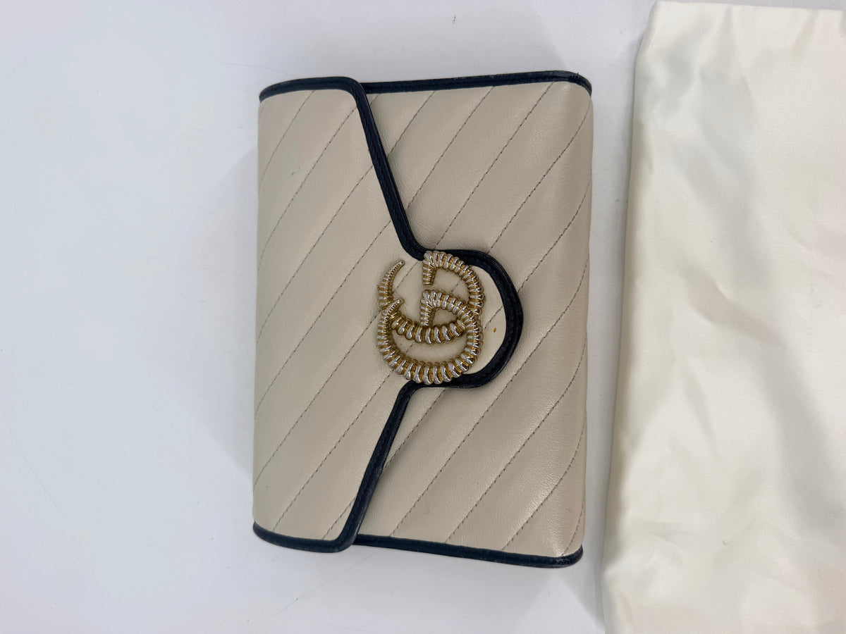 Gucci GG Marmont Torchon White Leather Flap Wallet Navy Trim