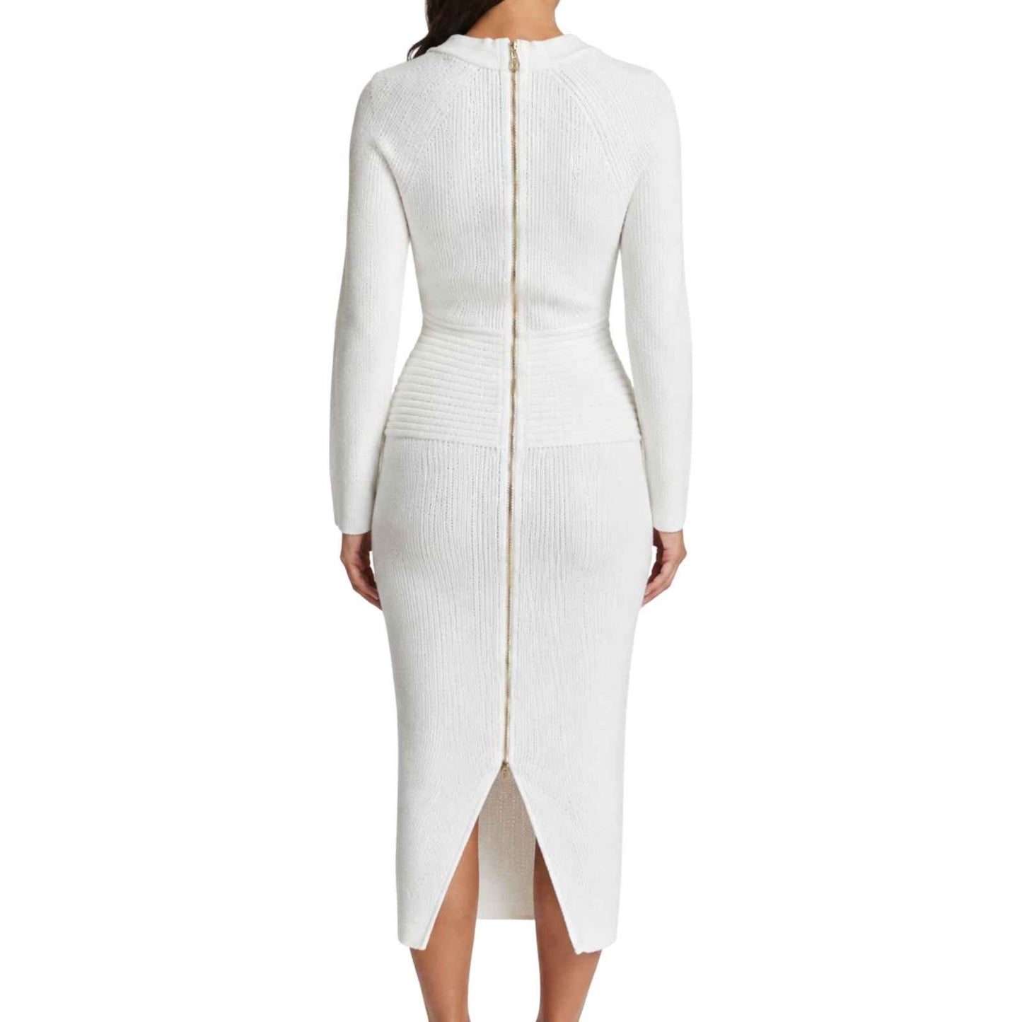 Balmain Ribbed Gold Button Long Sleeve Bodycon Midi Dress