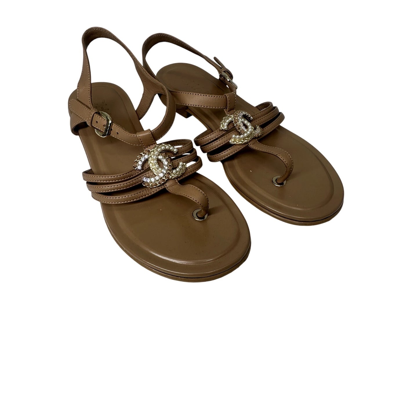 Chanel Leather Interlocking CC Logo Strappy Thong Sandals