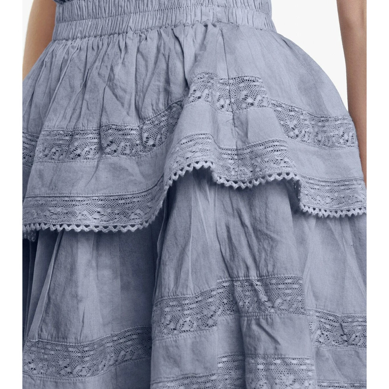 LoveShackFancy Cotton Mini Skirt with Lace Trim, Ruffles, and Pleated Tiers