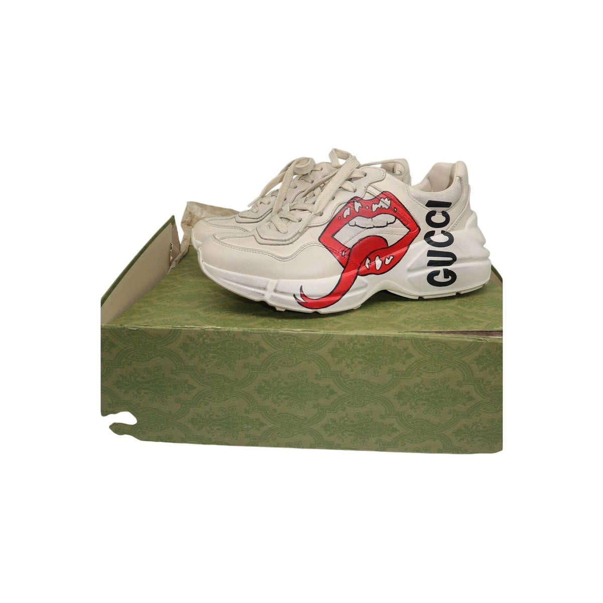 Gucci Rhyton Ivory Leather Mouth Print Lace-Up Low-Top Sneakers