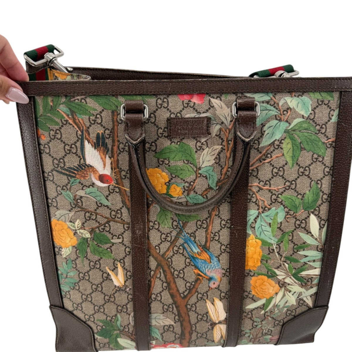 Gucci GG Supreme Tian Leather Tote Bag Ebony Brown Floral Bird Print
