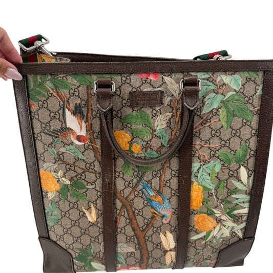Gucci GG Supreme Tian Leather Tote Bag Ebony Brown Floral Bird Print