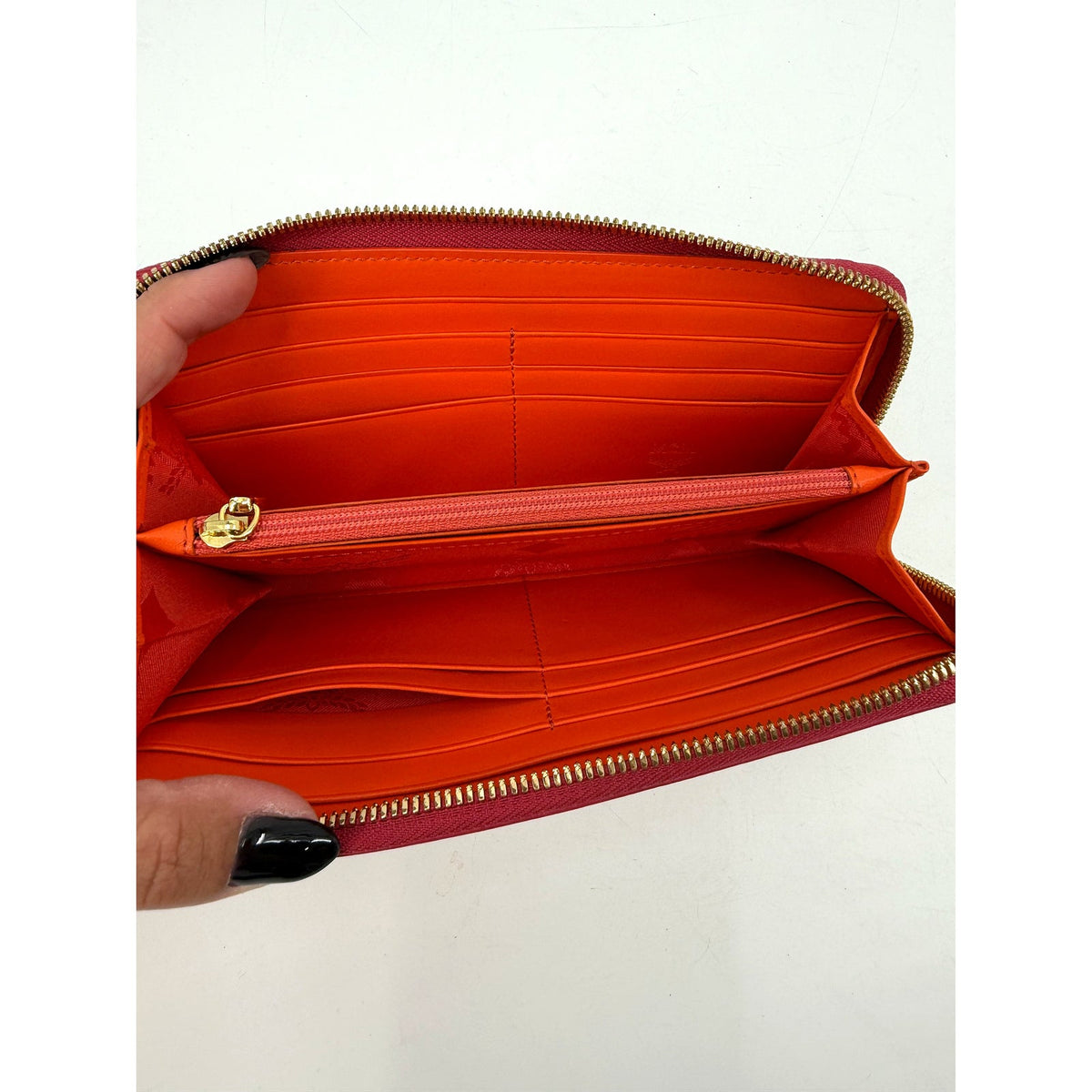 MCM Red Saffiano Leather Zip Around Continental Wallet Gold