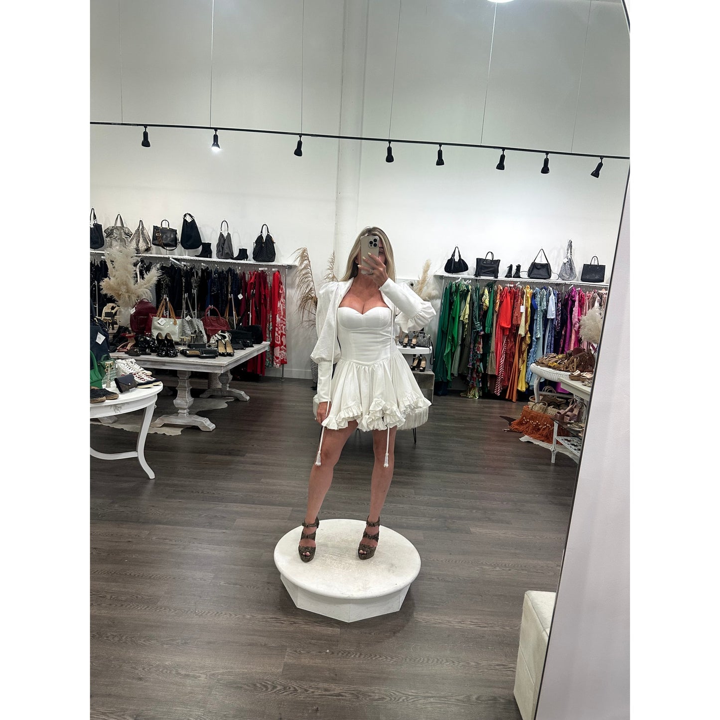 Ivory Atelier Sweetheart Neck Ruffled Hem Puff Sleeves Open Back Mini Dress