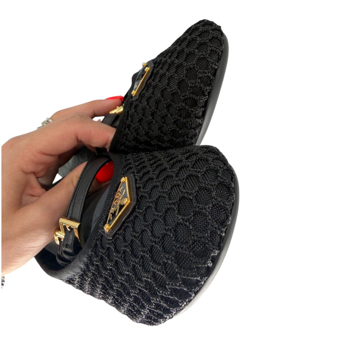 Prada Mesh Logo Calzature Donna Double Straps Ballerina Flats Black Size 37.5