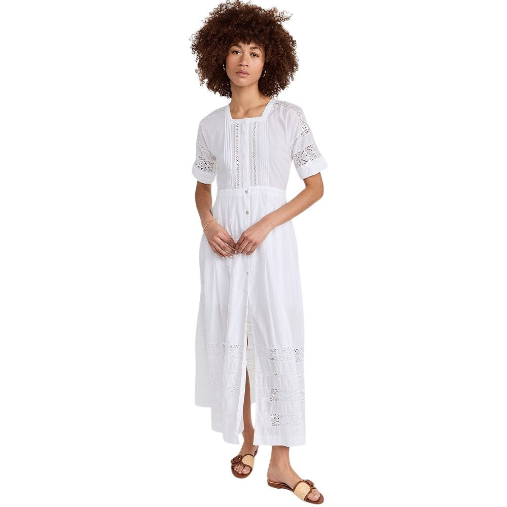 LoveShackFancy White Cotton Lace Trim Button Front Edie Maxi Dress