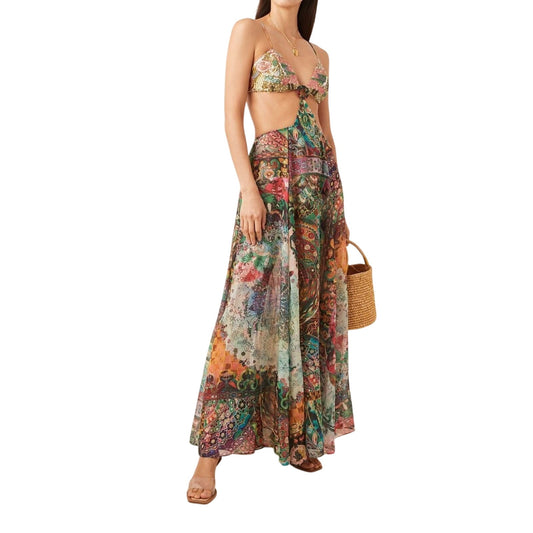 Alexis Sequined Paisley Print Cut-Out Pleated Maxi Dress