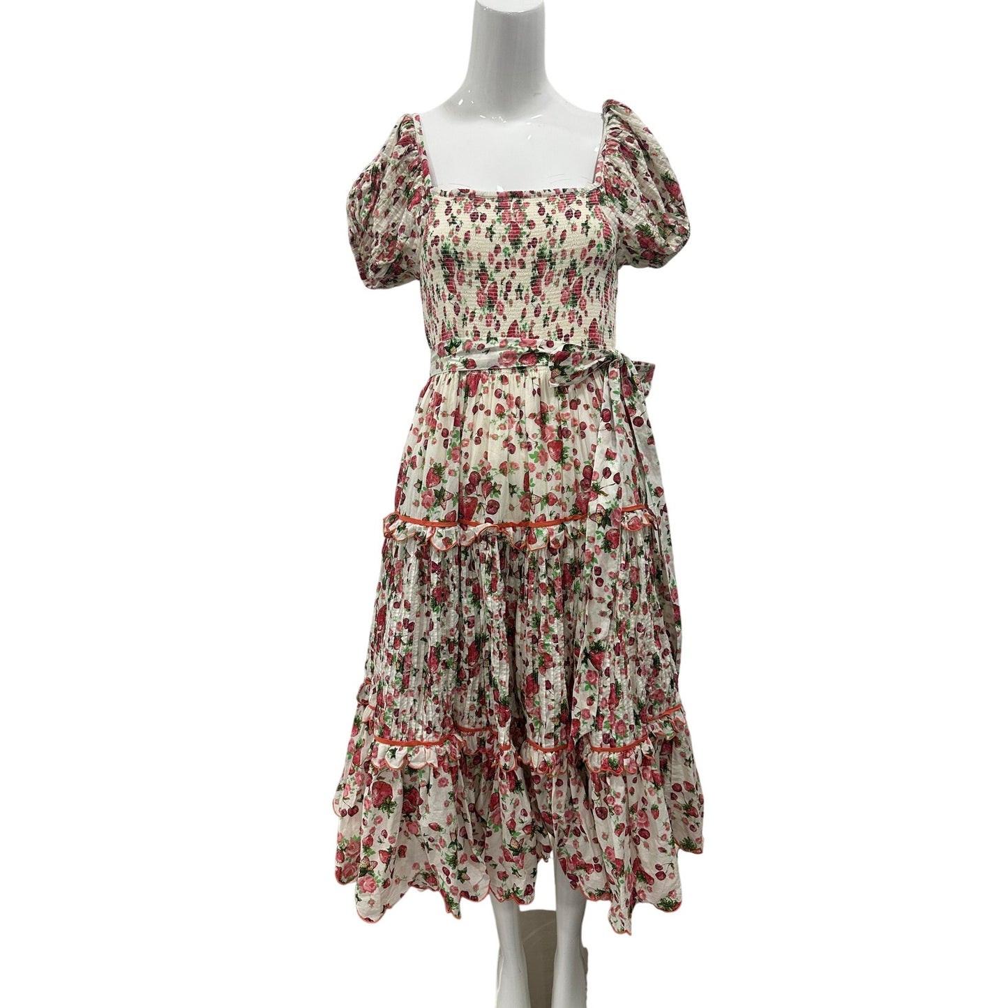 Love Shack Fancy White/Pink Cotton Floral Masie Tiered Midi Dress Women's