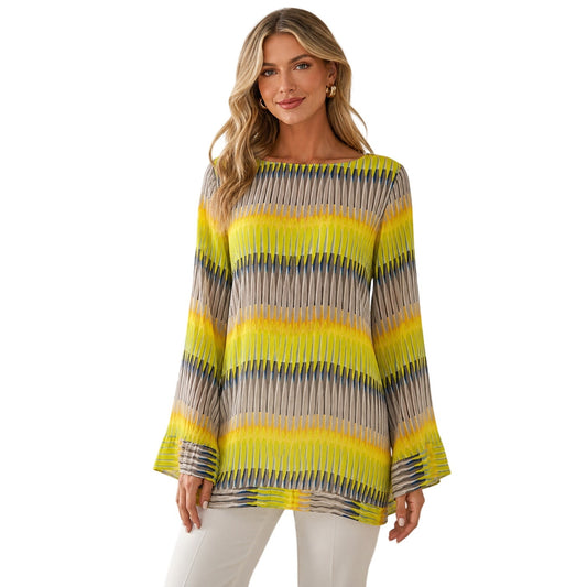Alexis Silk Geometric Stripe Bell Sleeve Tunic Blouse Yellow Gray Women's Size S