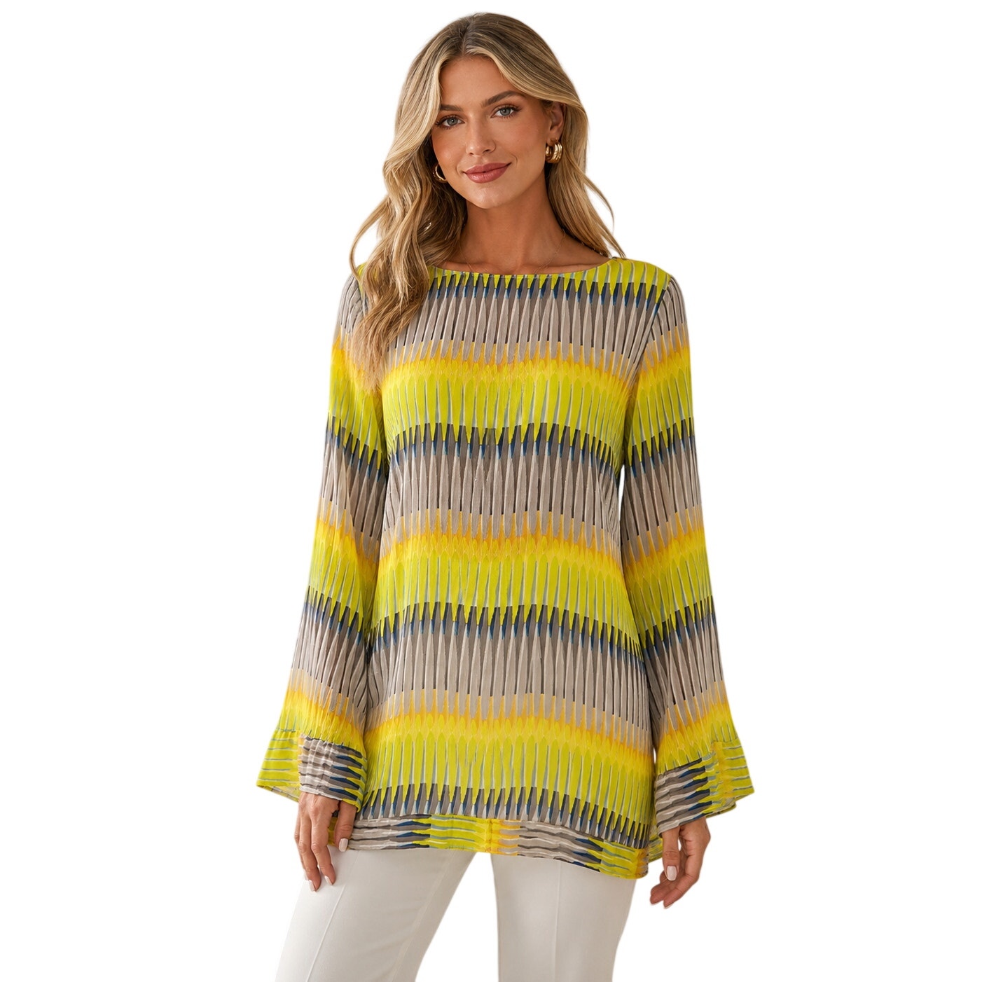 Alexis Silk Geometric Stripe Bell Sleeve Tunic Blouse