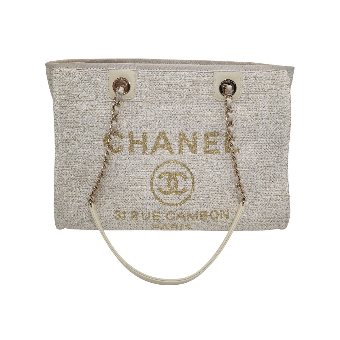 Chanel Lurex Boucle Deauville Canvas Gold Tone Small Tote Bag Beige