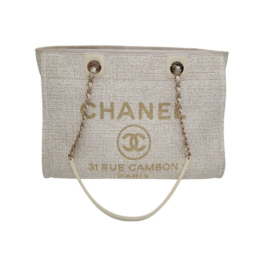 Chanel Lurex Boucle Deauville Canvas Gold Tone Small Tote Bag Beige