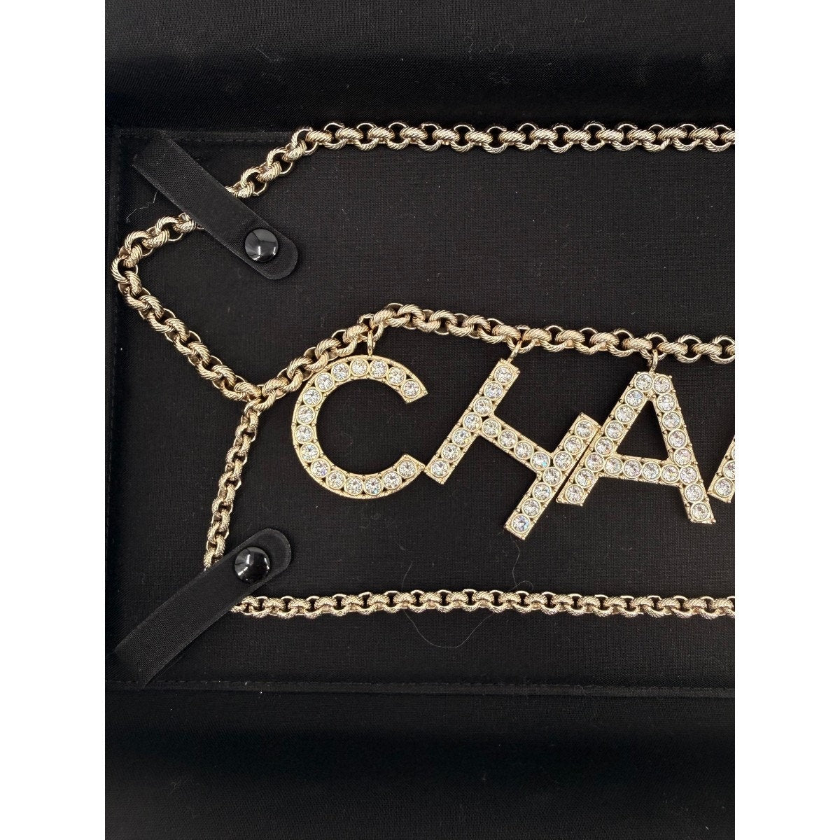 Chanel Crystal Logo Double Chain Belt Gold Women's Size 80