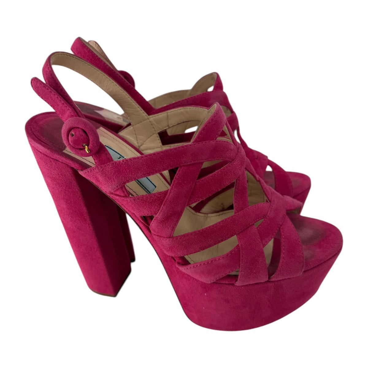 Prada Suede Open Toe Block Heel Strappy Platform Sandals