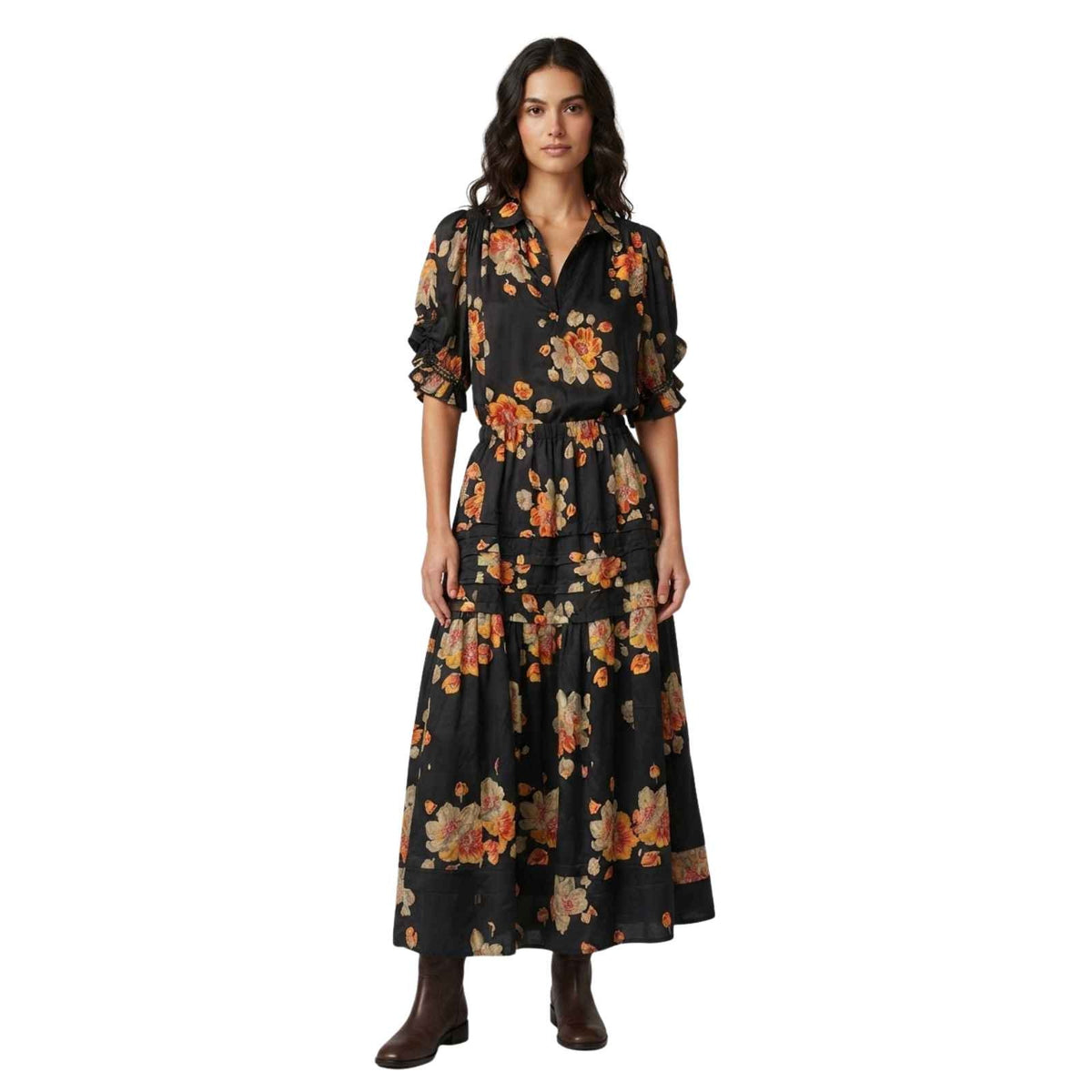 The Great Floral Print Ruffle Blouse Tiered Maxi Skirt Set Black Women's Size 0