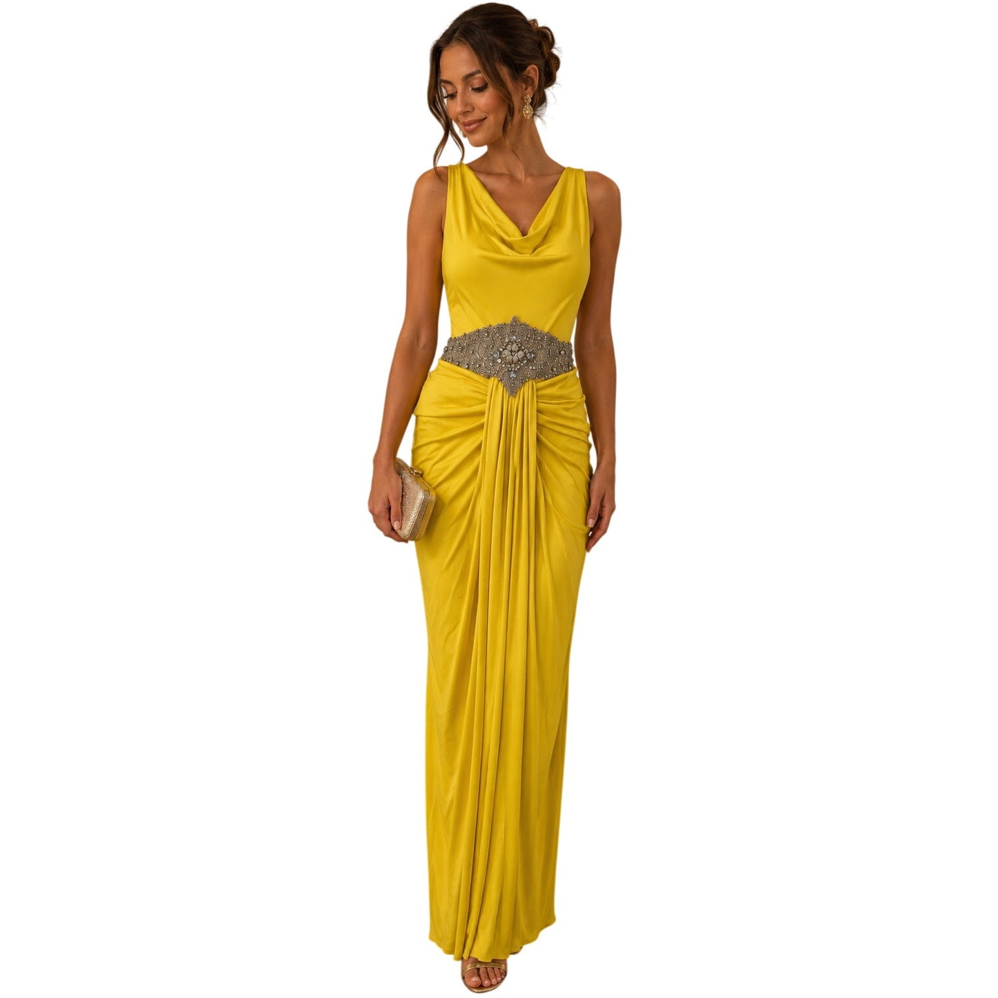 Nicole Bakti Crystal Embellished Draped Evening Gown