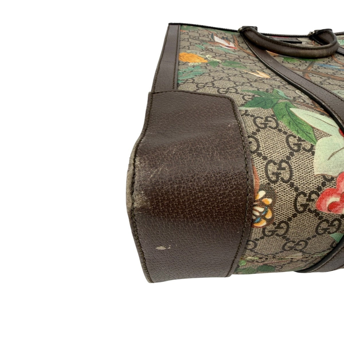 Gucci GG Supreme Tian Leather Tote Bag Ebony Brown Floral Bird Print