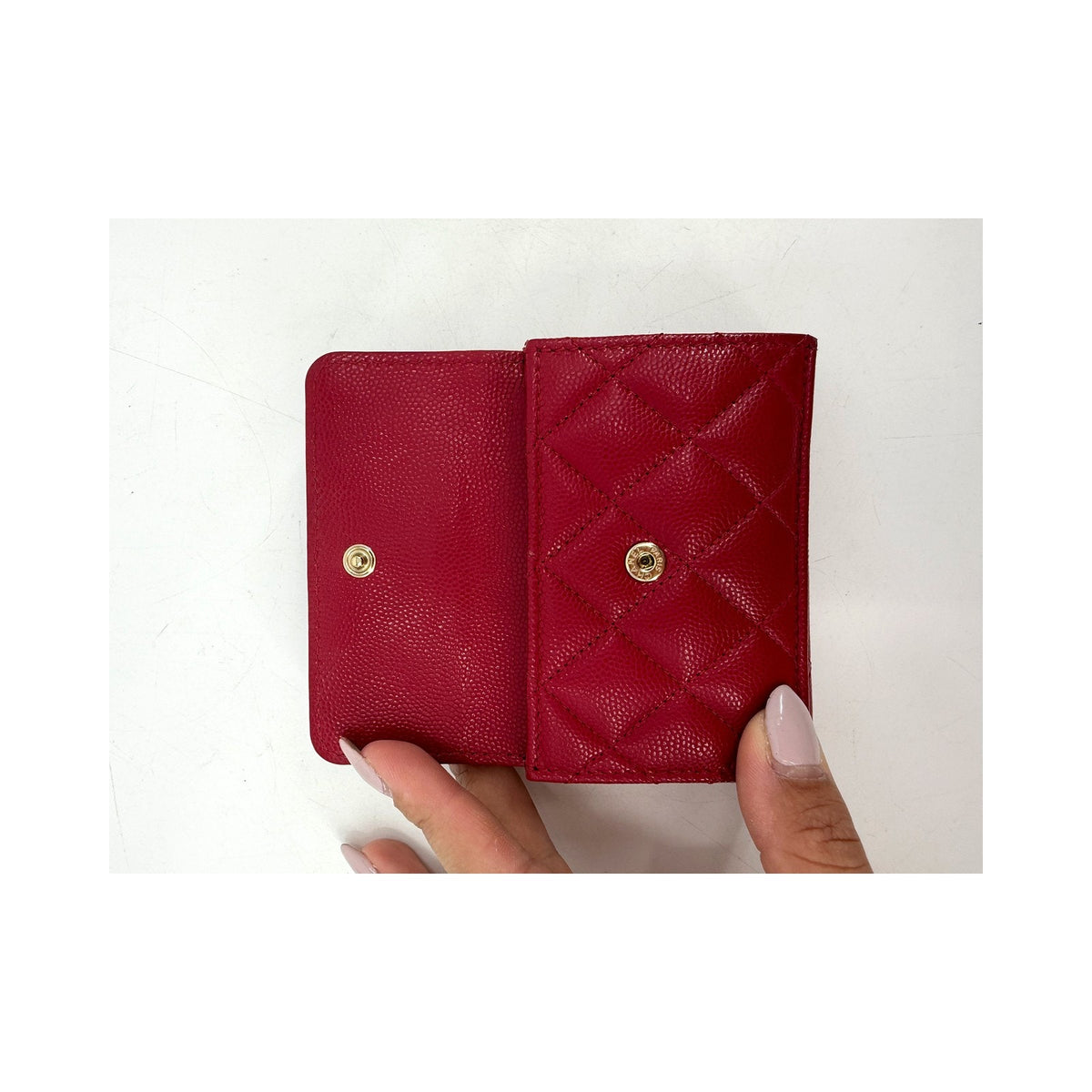 Chanel Red Caviar Quilted Compact Flap Wallet Crystal CC Gold Hardware