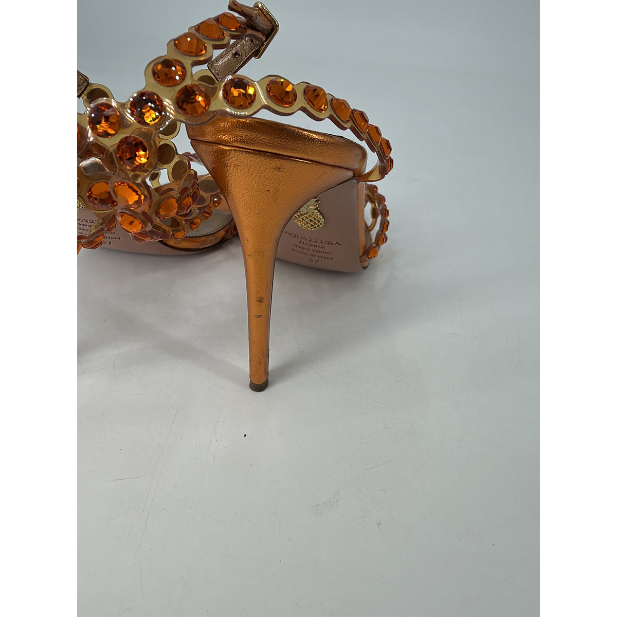 Aquazzura Tequila Plexi Crystal PVC Sandals Orange Copper Metallic Heels 37