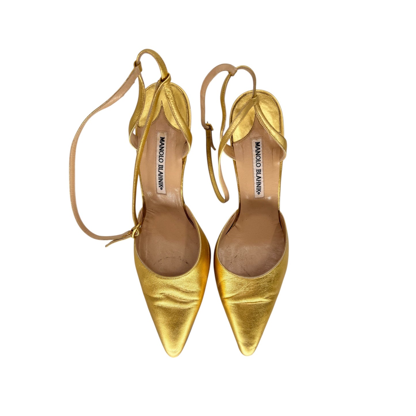 Manolo Blahnik Metallic Leather Boris Strappy Pointed Sandals