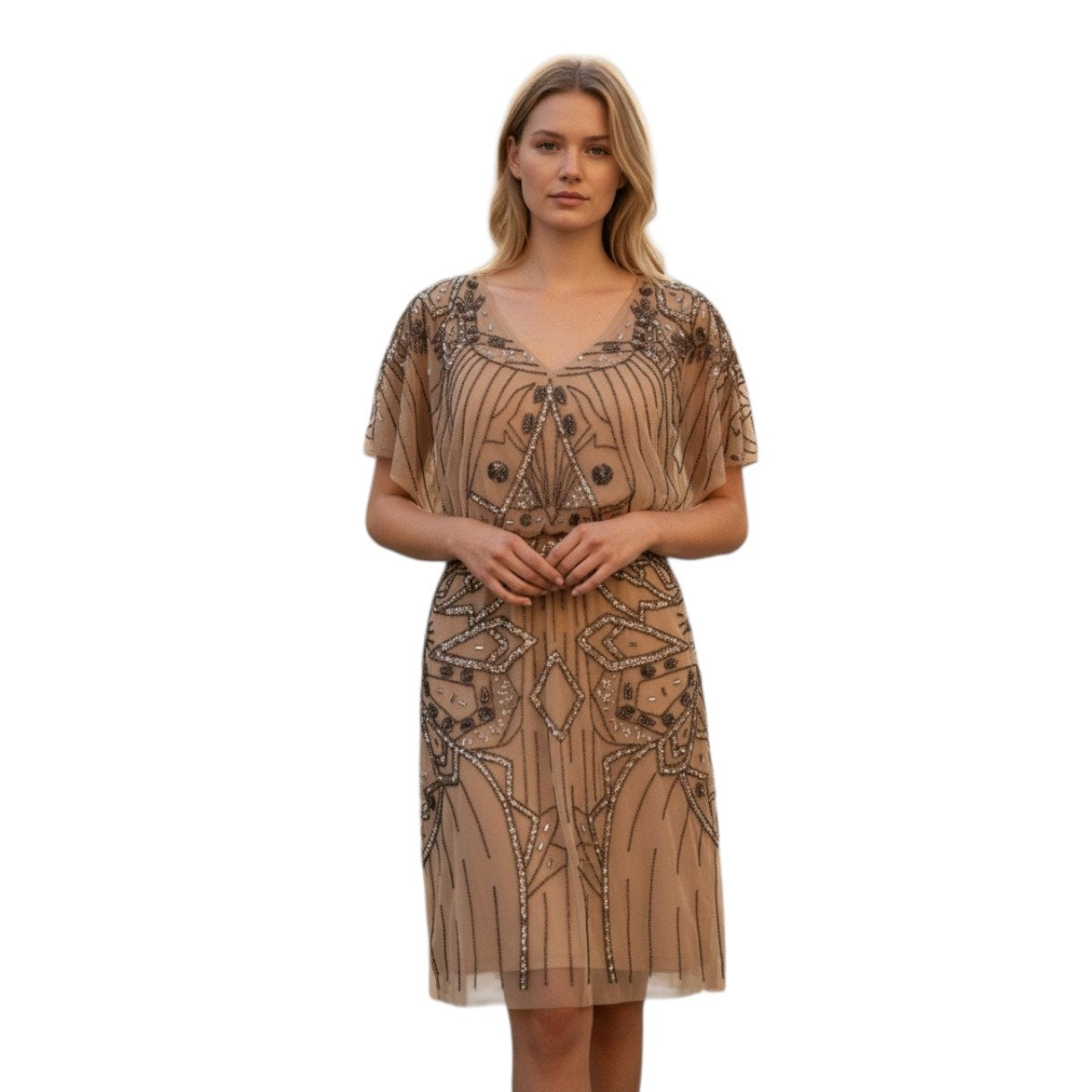 Aidan Mattox Beaded V-Neck Cocktail Mini Dress