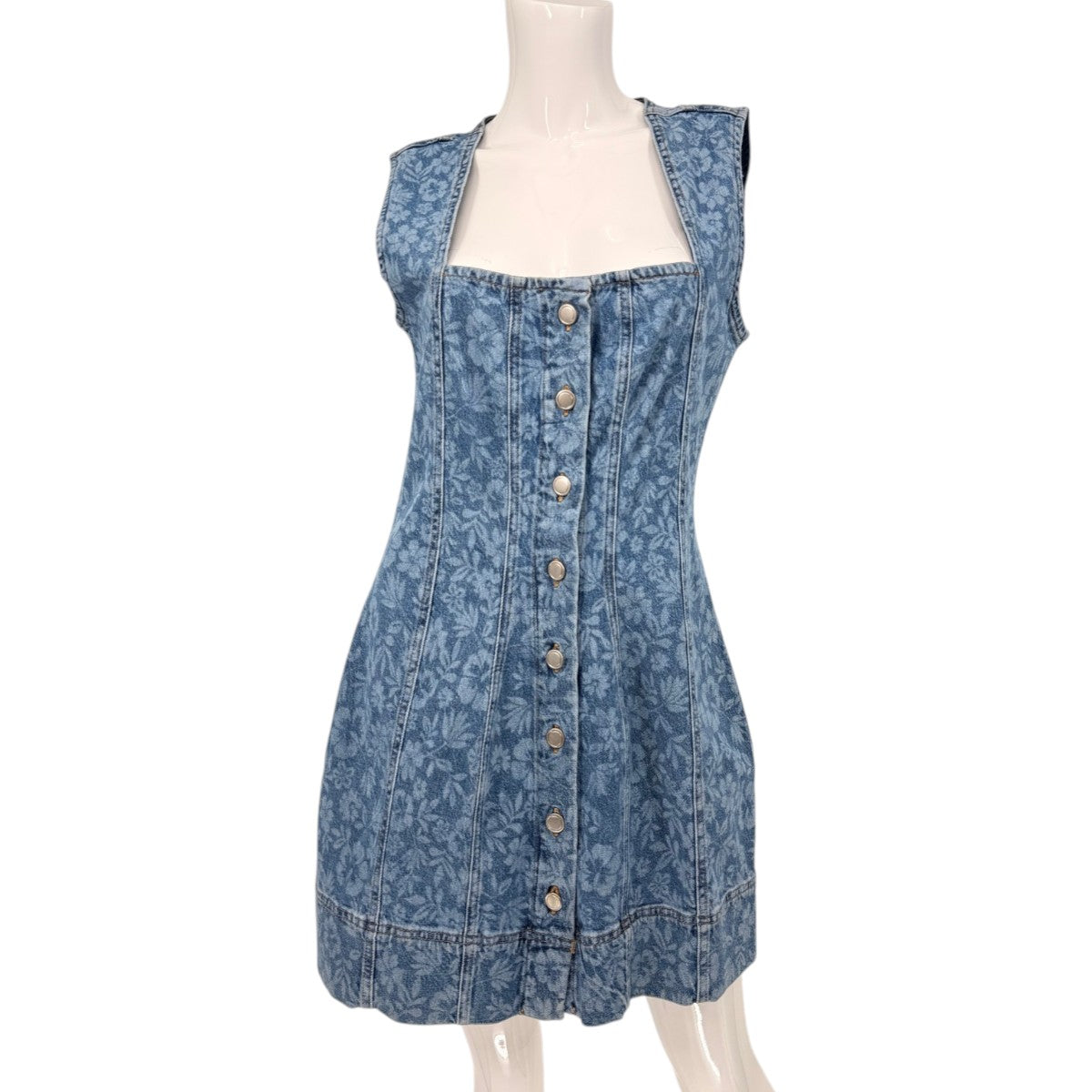 Good American Cotton Blend Denim Floral Sleeveless Mini Dress