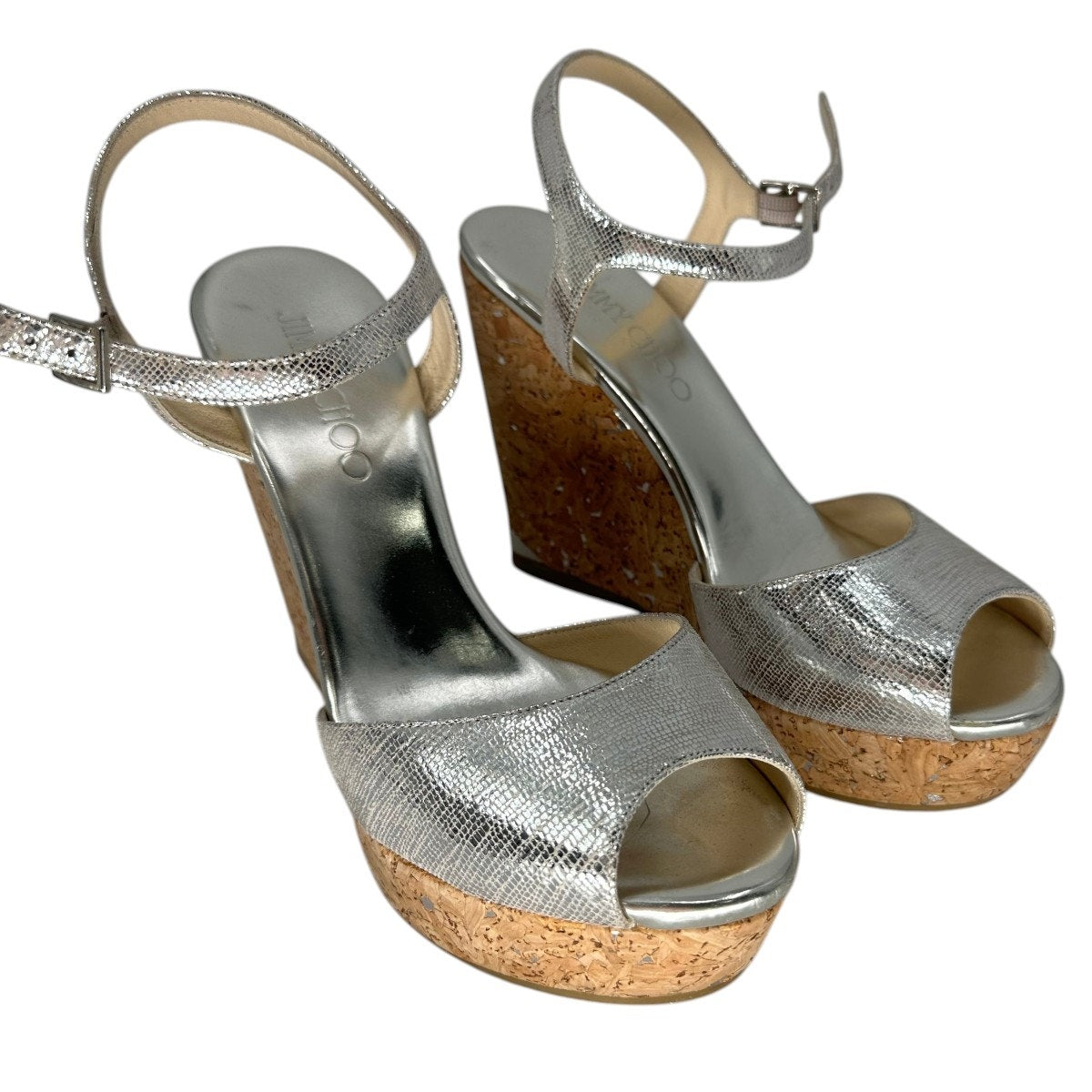 Jimmy Choo Metallic Leather Cork Wedge Sandals