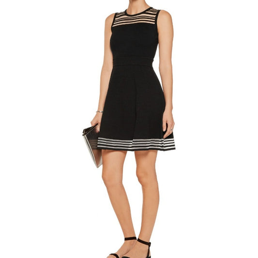 Milly Illusion Organza-Paneled Mini Dress Black White Mesh Stripe Women's Size P