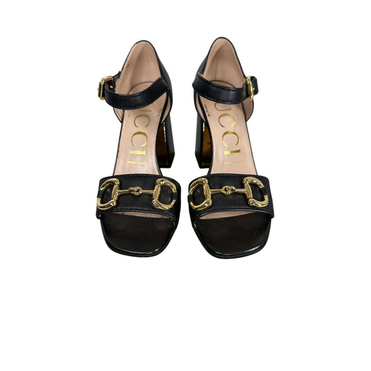 Gucci Leather Horsebit Accent Block Heel Ankle Strap Sandals