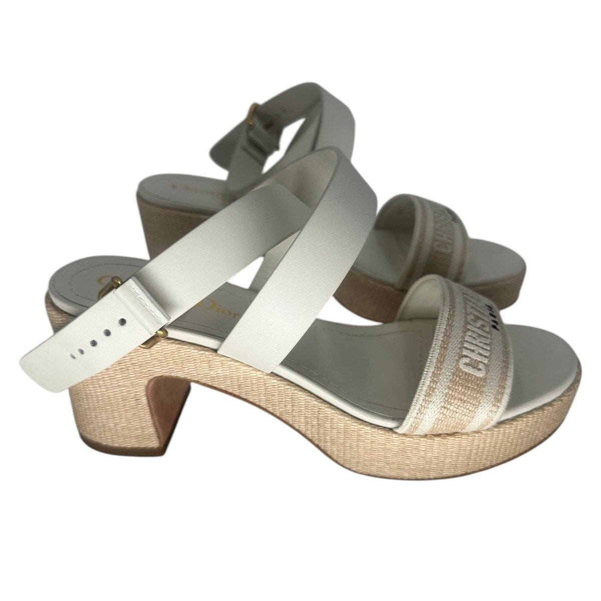 Christian Dior Leather Raffia Dway Embroidered Logo Platfrorm Sandals
