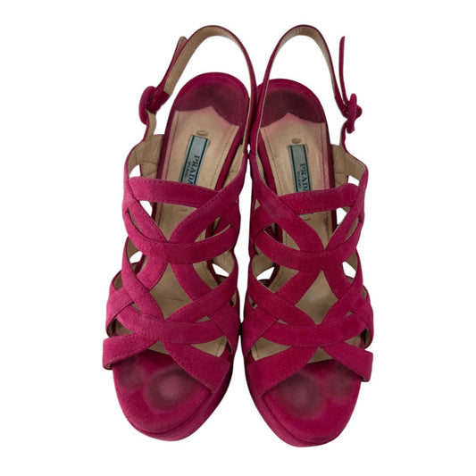Prada Suede Open Toe Block Heel Strappy Platform Sandals