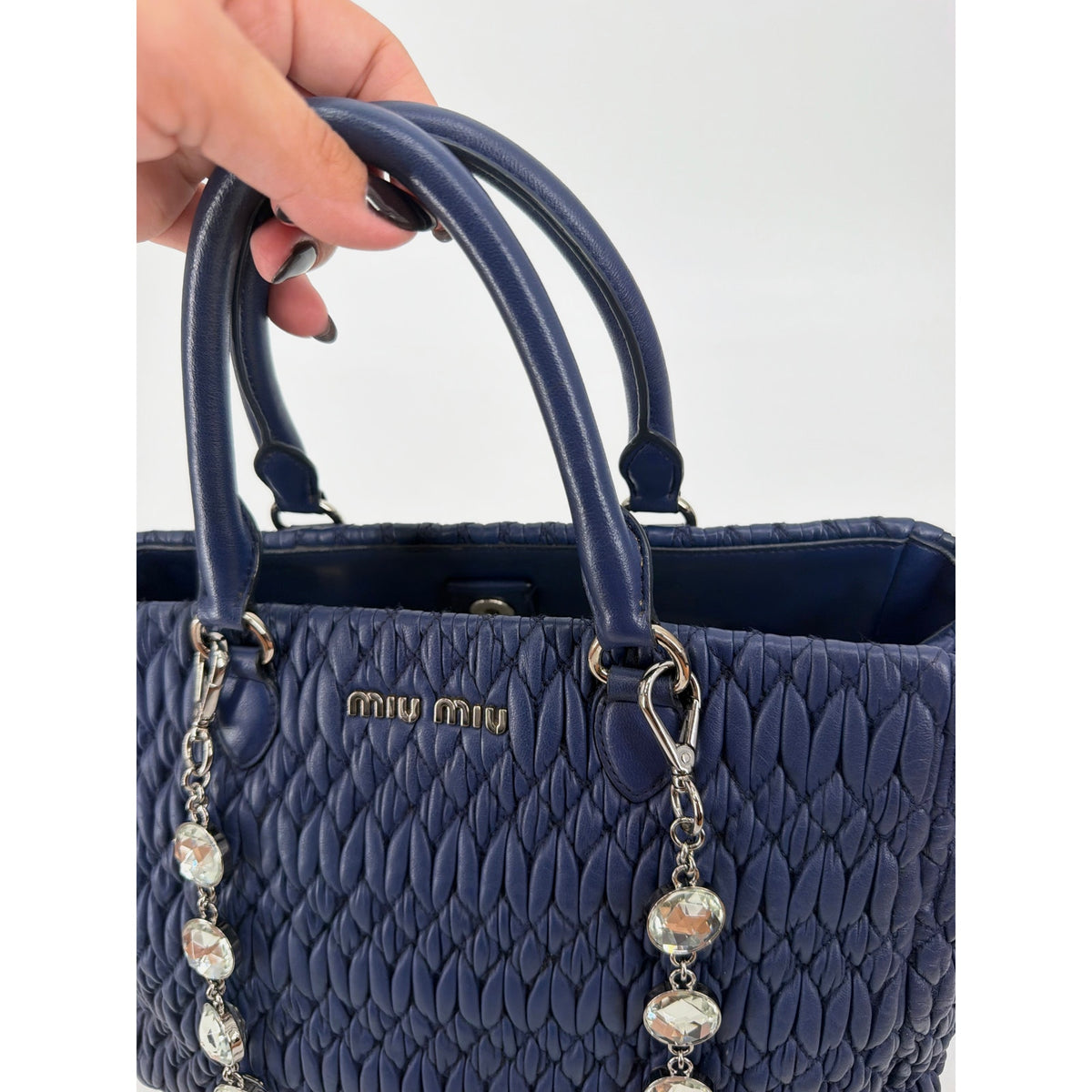 Miu Miu Nappa Crystal Matelasse Top Handle Tote Navy Blue Leather Chain Strap