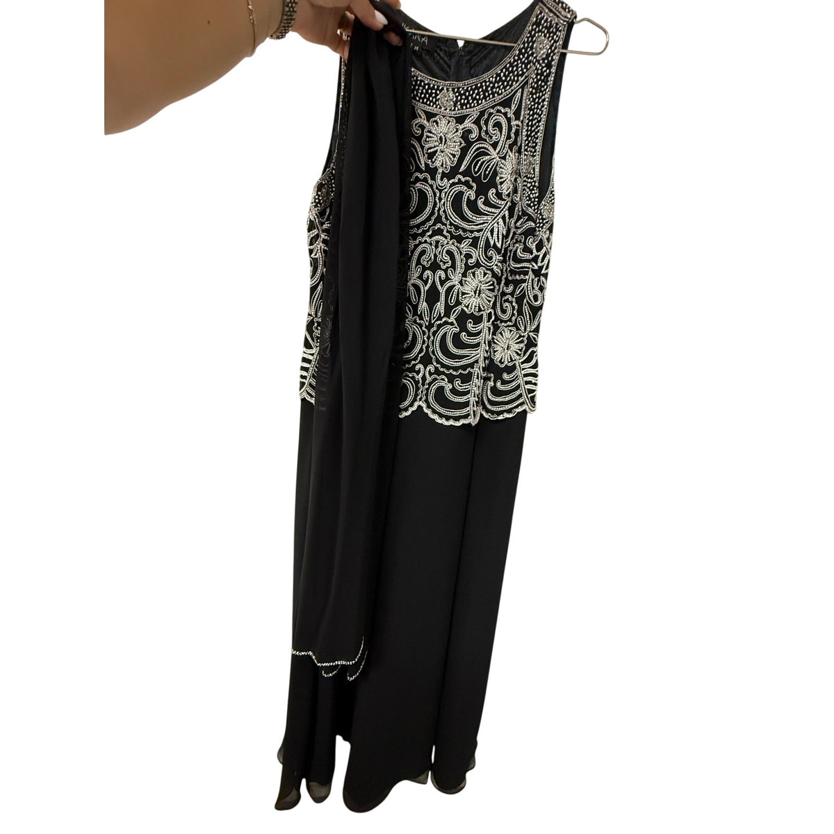 J Kara Black Scallop Beaded Sleeveless A-Line Maxi Dress Sheer Scarf