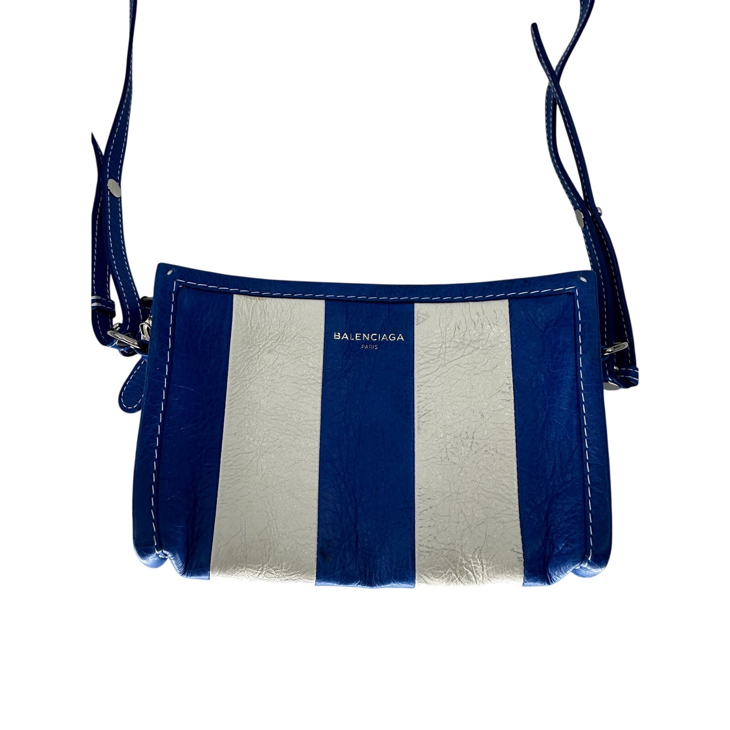 Balenciaga Lambskin Leather Bazar Striped Crossbody Zip Pouch Bag Blue White