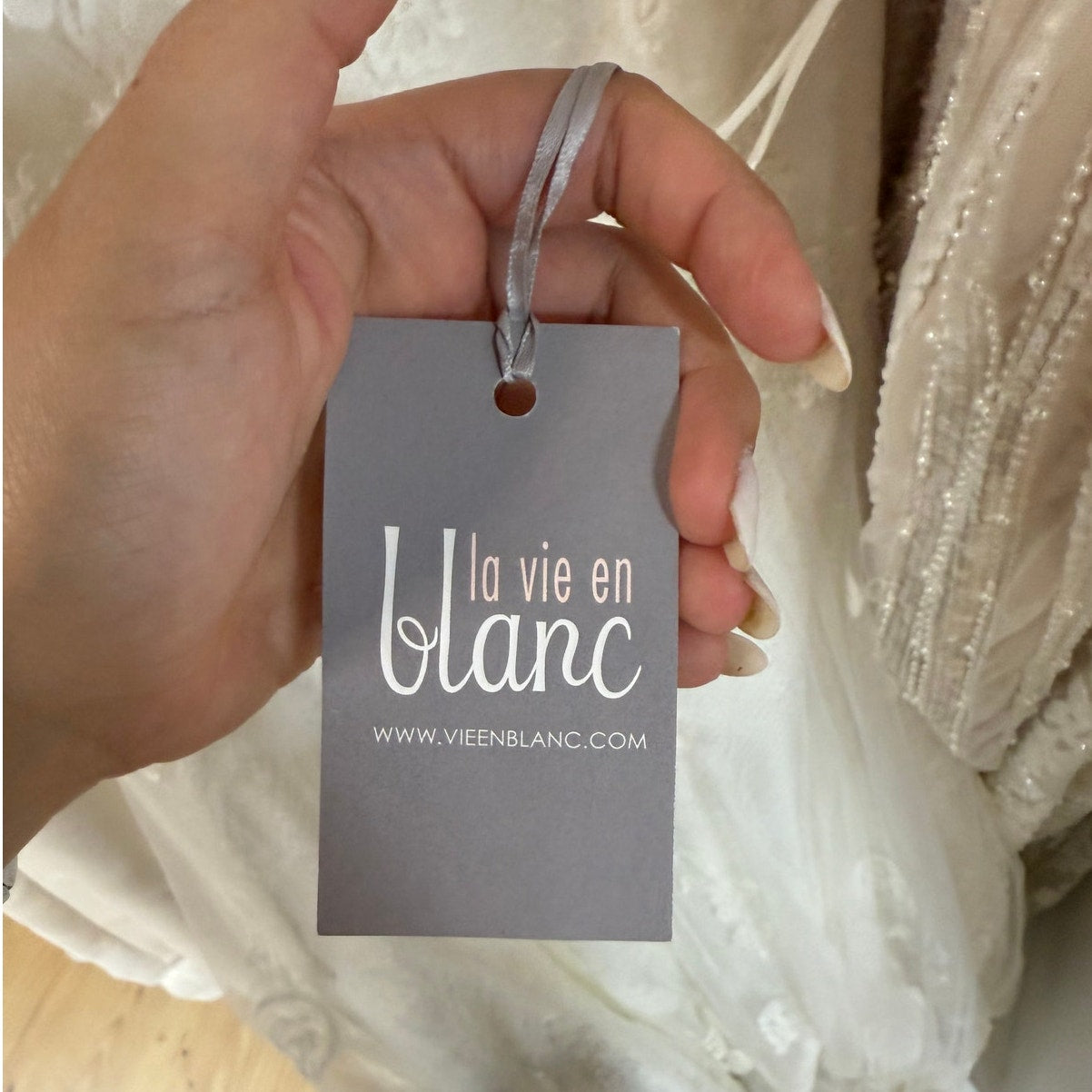 La Vie En Blanc Shades of Ivory Beaded Spaghetti Straps V-Neck Wedding Dress