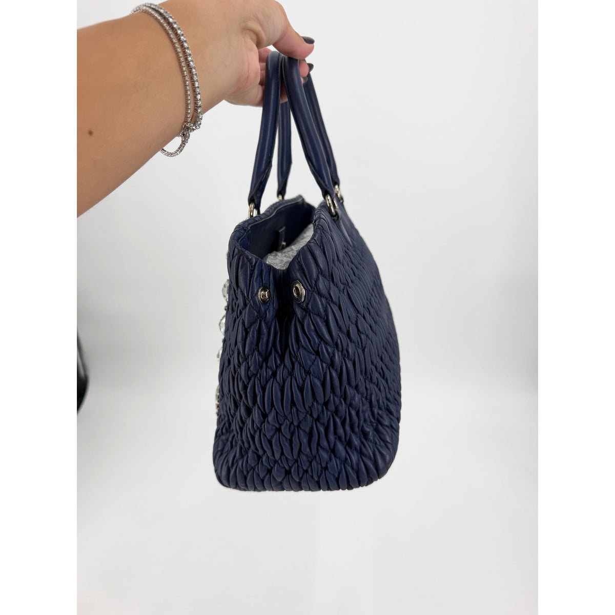Miu Miu Nappa Crystal Matelasse Top Handle Tote Navy Blue Leather Chain Strap